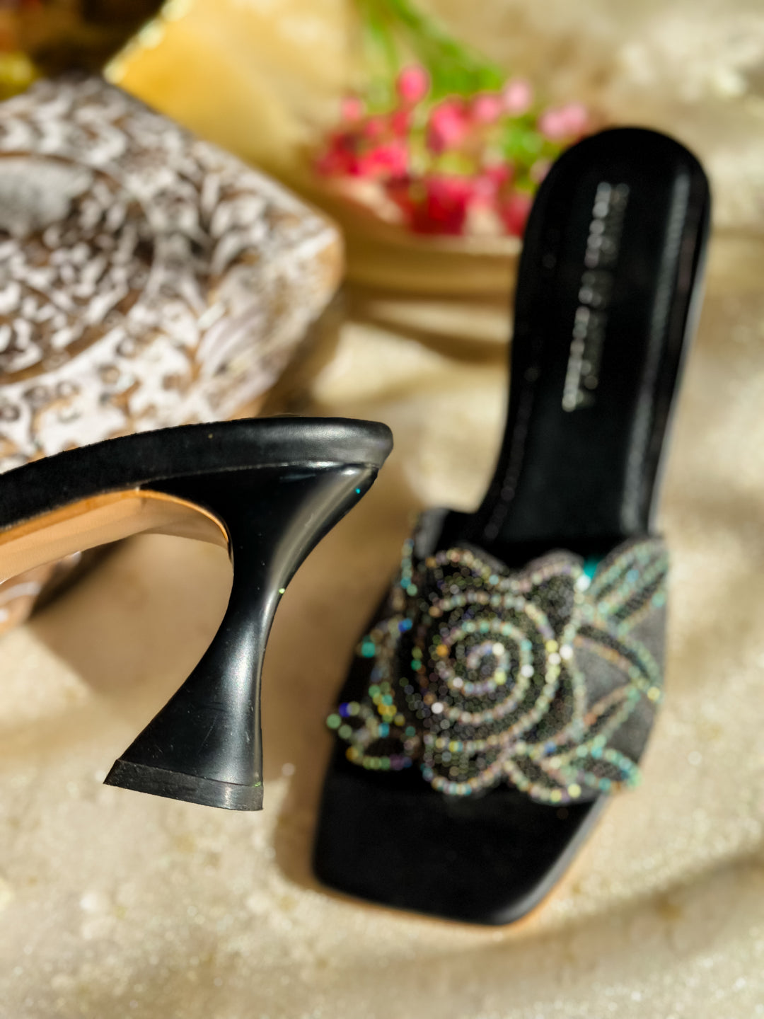 Rose Black Embroidered Heel