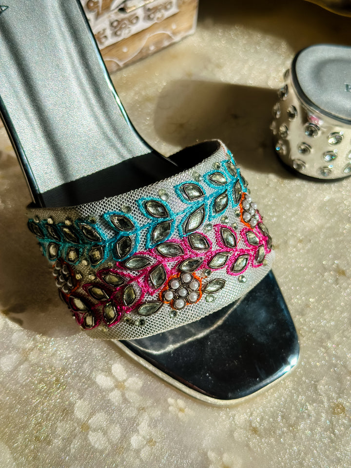 Classic Embroidered Party Wear Heels - Silver