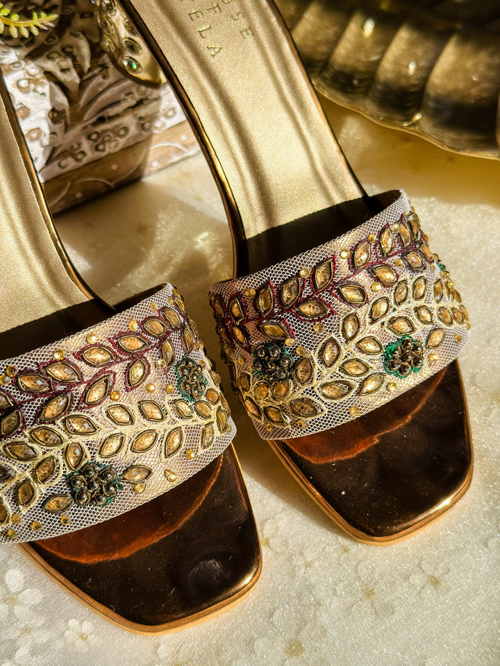 Classic Embroidered Party Wear Heels - Gold