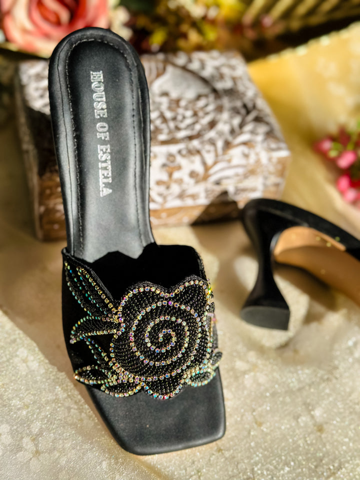 Rose Black Embroidered Heel