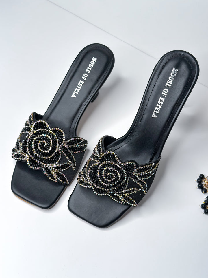 Rose Black Embroidered Heel