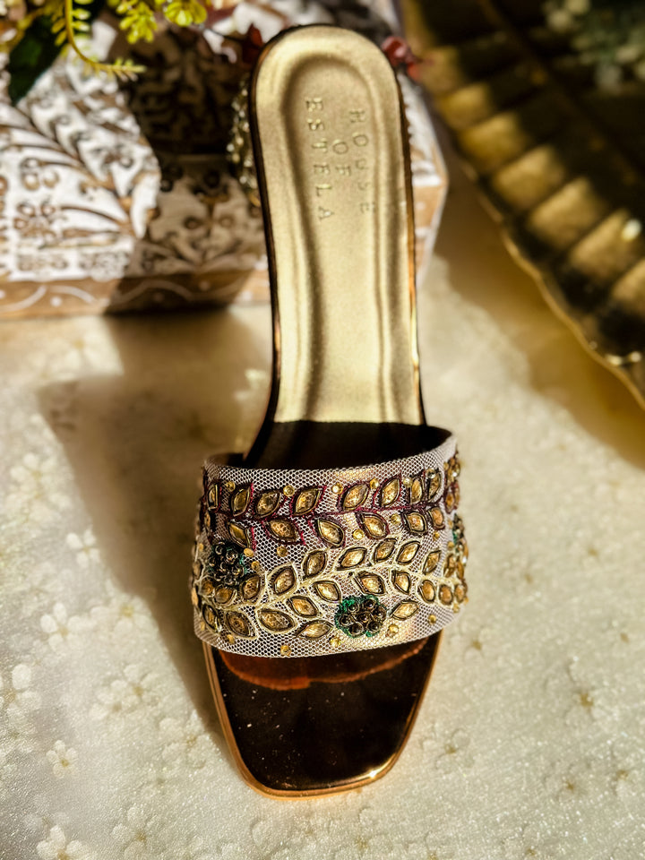 Classic Embroidered Party Wear Heels - Gold