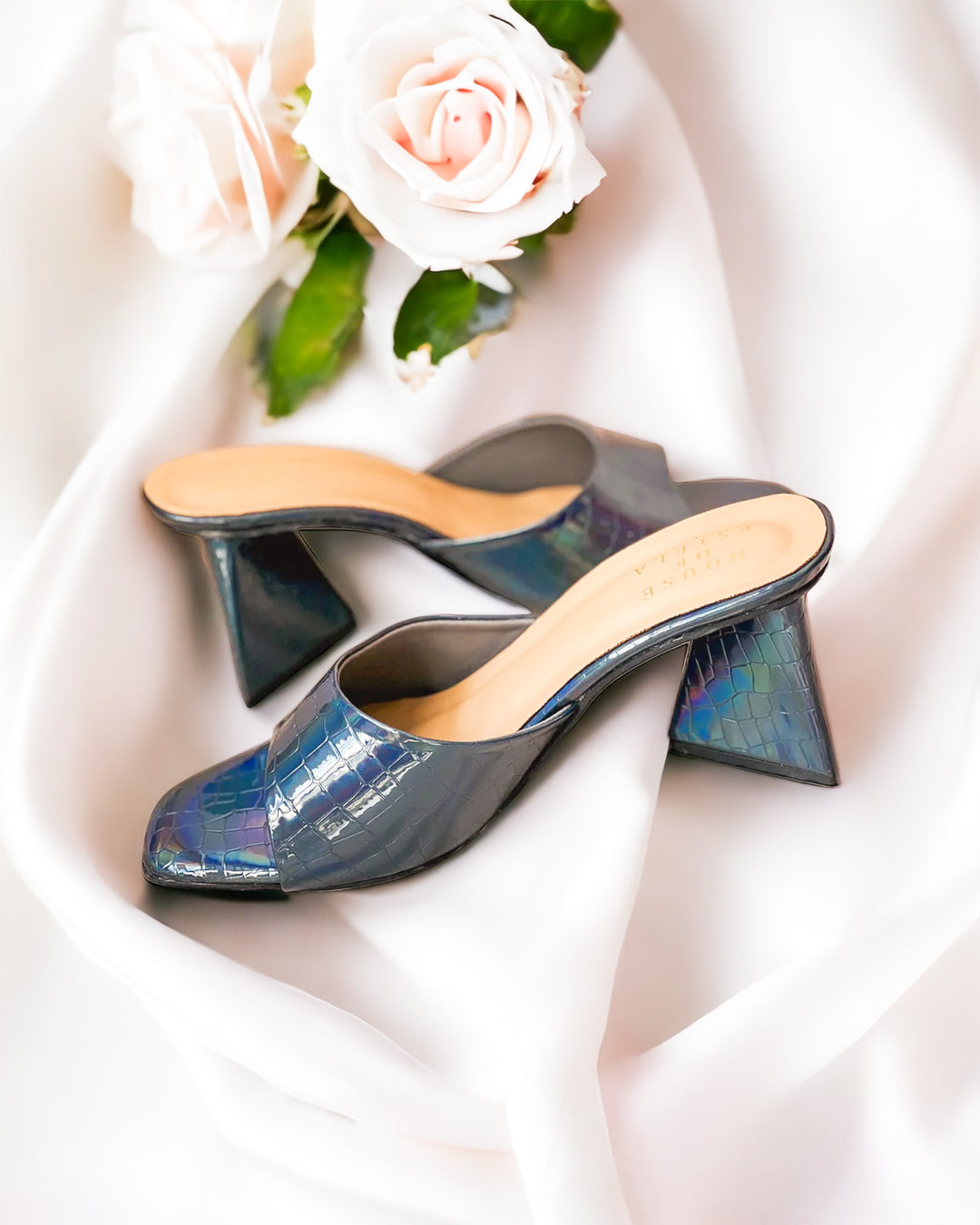 Holographic Blue Triangle Mule Heels