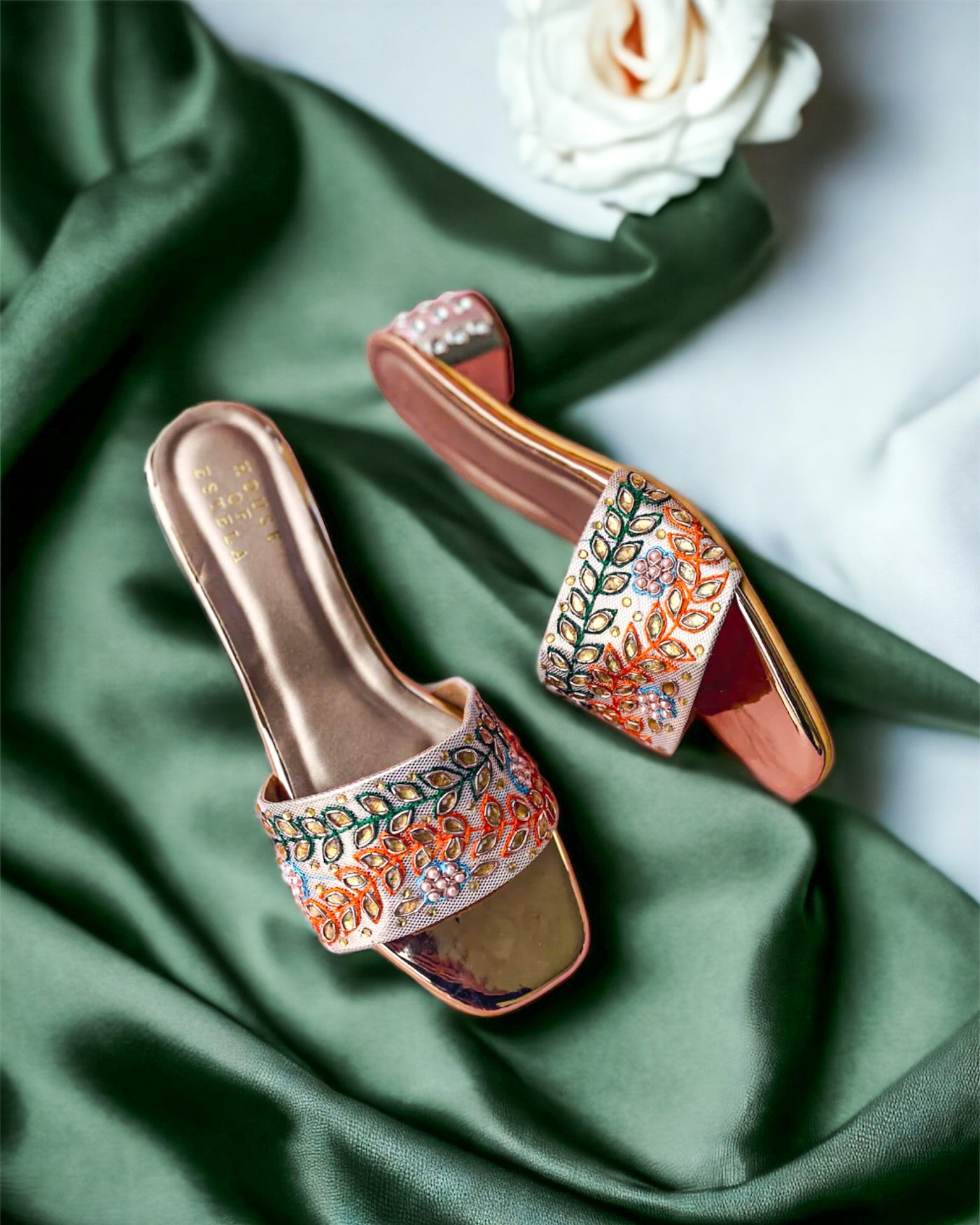 Classic Embroidered Party Wear Heels - Rose Gold