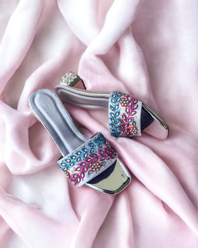 Classic Embroidered Party Wear Heels - Silver